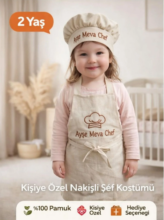İsme Özel Bebek Aşçı Kostümü – Pamuklu Ham Keten Fotoğraf Çekim Kıyafeti