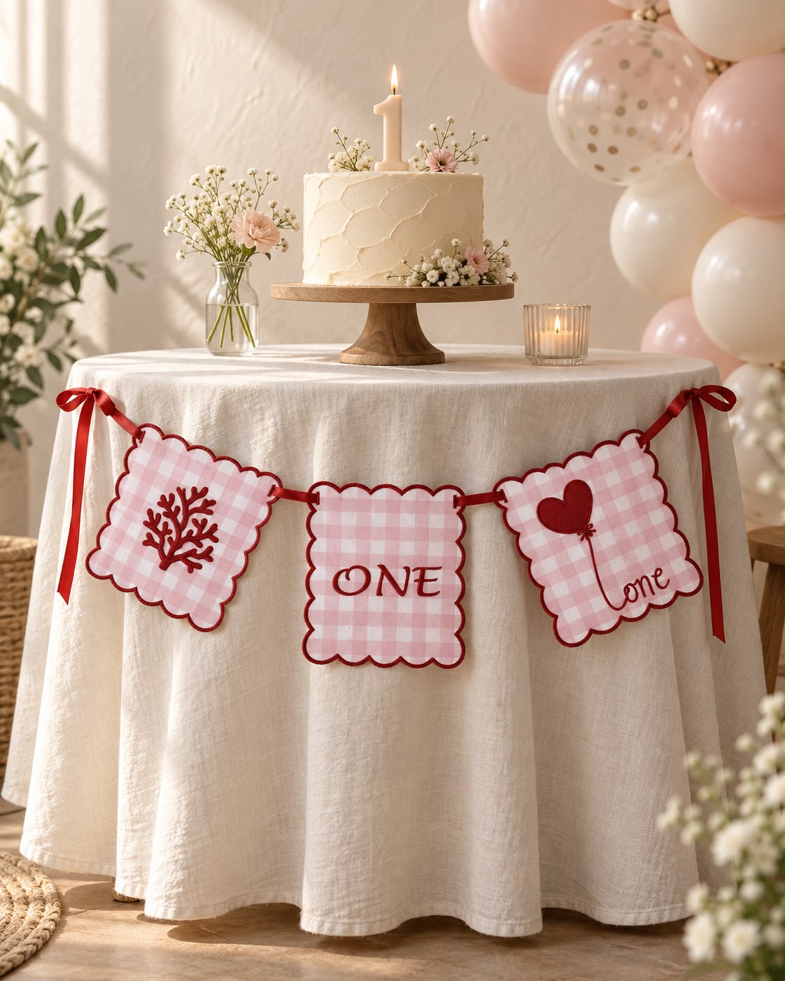 TLY Home & Baby ONE Nakışlı Kumaş 1 Yaş Doğum Günü Flaması Mama Sandalyesi Süsü