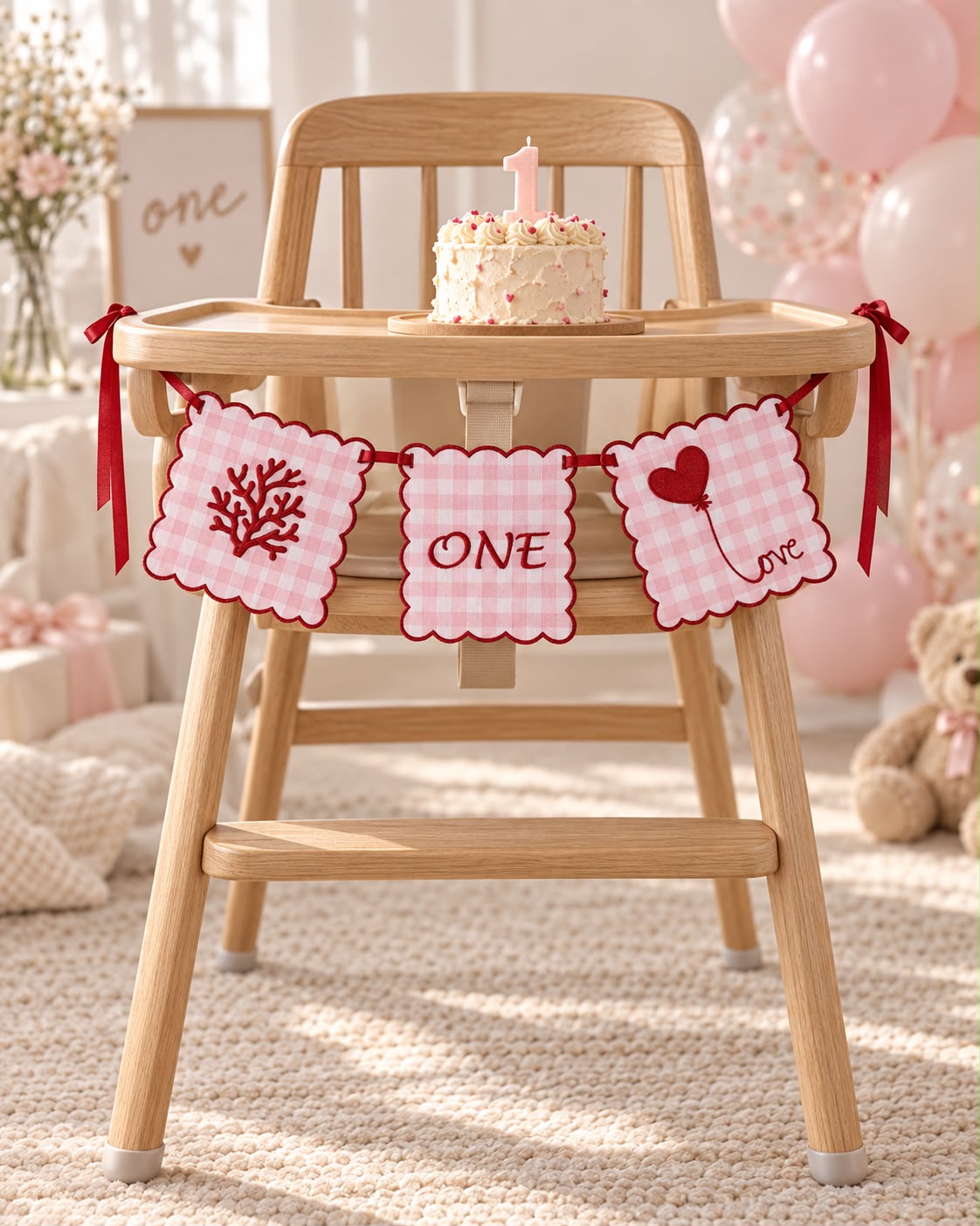 TLY Home & Baby ONE Nakışlı Kumaş 1 Yaş Doğum Günü Flaması Mama Sandalyesi Süsü