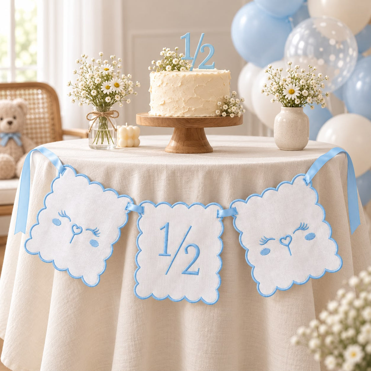 TLY Home & Baby 1/2 Yaş Nakışlı 3’lü Mavi Doğum Günü Flaması