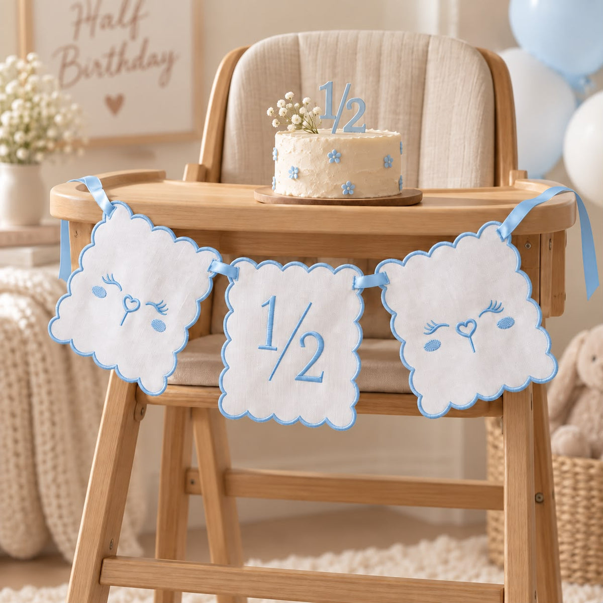 TLY Home & Baby 1/2 Yaş Nakışlı 3’lü Mavi Doğum Günü Flaması