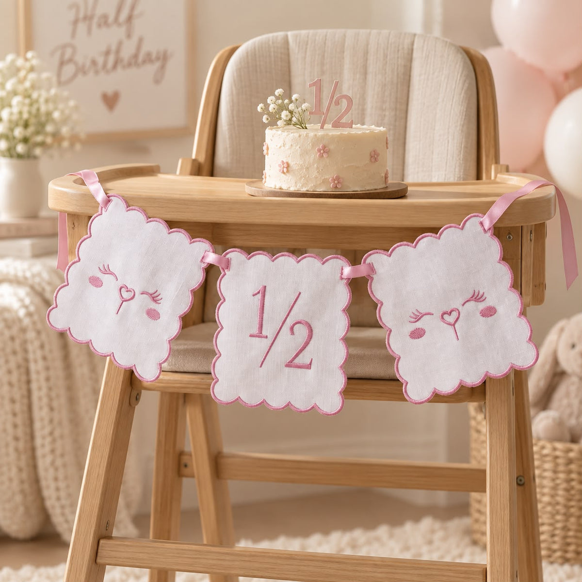 TLY Home & Baby 1/2 Yaş Nakışlı 3’lü Pembe Doğum Günü Flaması