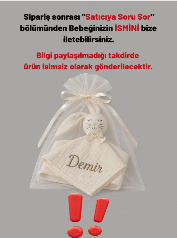Kişiye Özel İsim Nakışlı Tavşan Uyku Arkadaşı – %100 Pamuk Müslin Bez 35x35 cm