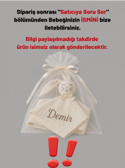 Kişiye Özel İsim Nakışlı Tavşan Uyku Arkadaşı – %100 Pamuk Müslin Bez 35x35 cm
