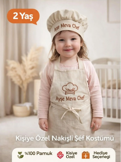 İsme Özel Bebek Aşçı Kostümü – Pamuklu Ham Keten Fotoğraf Çekim Kıyafeti
